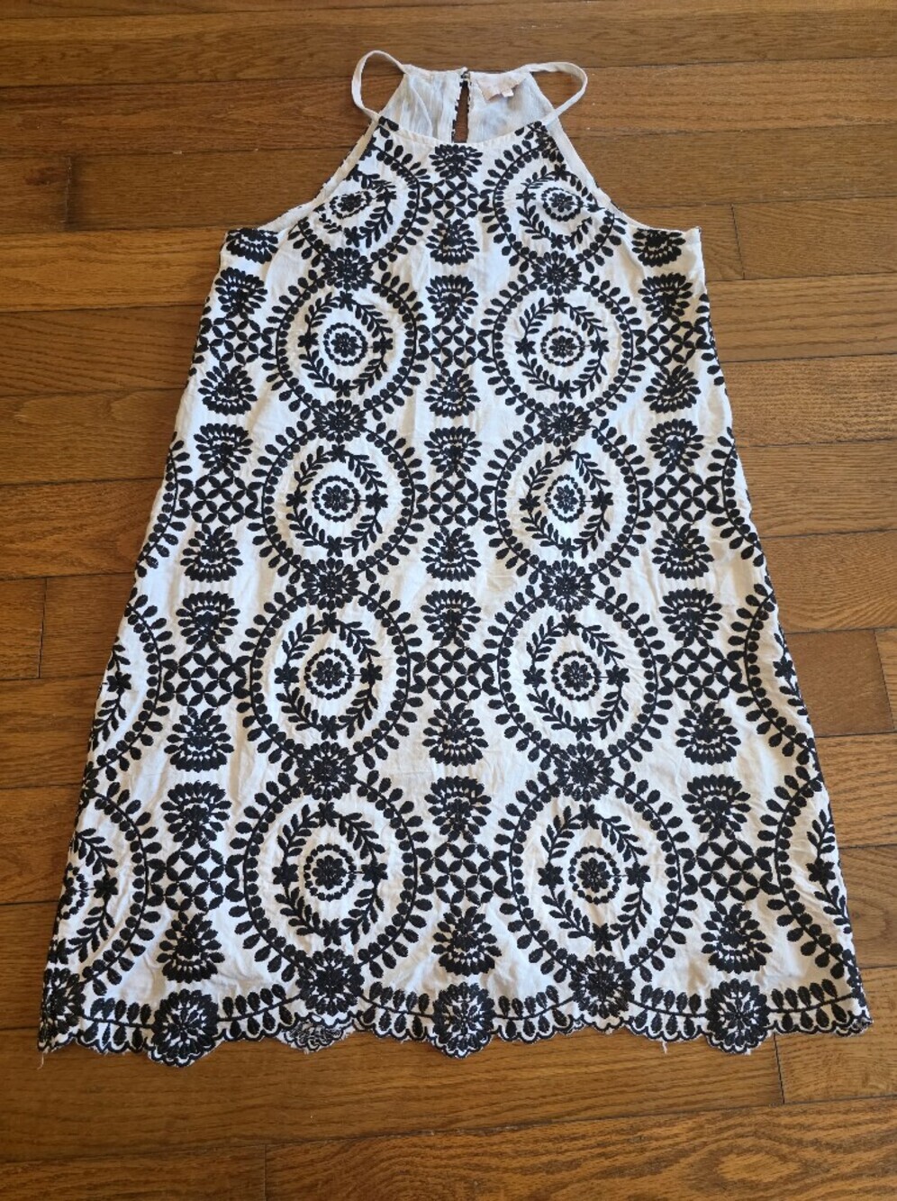 entro White Mini Dress with Black Embroidered Medallions